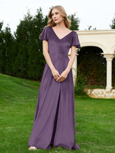 Robe en Velours à Col en V et Manches Flottantes avec Fente Plum