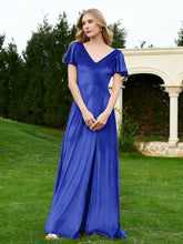 Robe en Velours à Col en V et Manches Flottantes avec Fente Bleu Royale