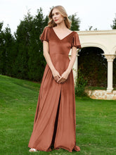 Robe en Velours à Col en V et Manches Flottantes avec Fente Rouille