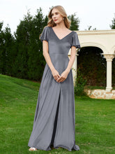 Robe en Velours à Col en V et Manches Flottantes avec Fente Gris Acier