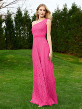 Robe en Dentelle Sans Manches à Une Épaule avec Ceinture Fuchsia
