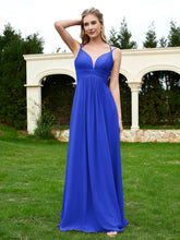 Robe en Mousseline Plissée à Bretelles Spaghetti et Col en V Bleu Royale