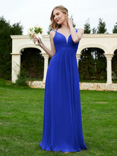 Robe en Mousseline Plissée à Bretelles Spaghetti et Col en V Bleu Royale