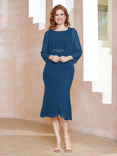 Robe Fourreau à Col en Scoop Longueur de Mollet en Mousseline Bleu Encre