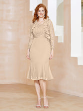 Robe Fourreau en Mousseline Longueur de Mollet à Col en Scoop avec Dentelle Champagne