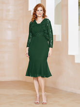 Robe Fourreau en Mousseline Longueur de Mollet à Col en Scoop avec Dentelle Vert Foncé