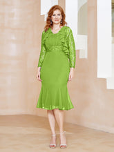 Robe Fourreau en Mousseline Longueur de Mollet à Col en Scoop avec Dentelle Vert Citron