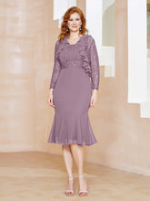 Robe Fourreau en Mousseline Longueur de Mollet à Col en Scoop avec Dentelle Vintage Mauve