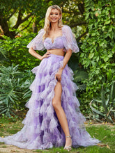 Robe en Deux Pièces Tulle à Volants Florals avec Fente Ivoire