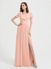 Mancherons Longue Mousseline Robes Avec Fente Corail