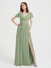 Mancherons Longue Mousseline Robes Avec Fente Sauge Poudrée