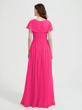 Mancherons Longue Mousseline Robes Avec Fente Fuchsia