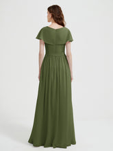 Mancherons Longue Mousseline Robes Avec Fente Olive Verte