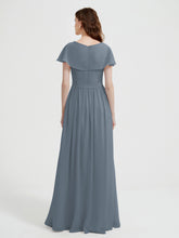Mancherons Longue Mousseline Robes Avec Fente Bleu de Schiste