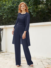 Pantsuit Chic en Mousseline Top en Dentelle avec Veste Bleu Marine