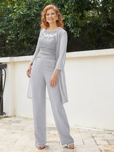 Pantsuit Chic en Mousseline Top en Dentelle avec Veste Argent