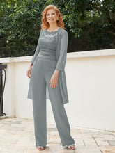 Pantsuit Chic en Mousseline Top en Dentelle avec Veste Gris Acier
