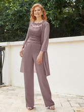 Pantsuit Chic en Mousseline Top en Dentelle avec Veste Vintage Mauve