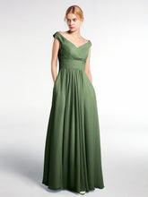 Robe Longue à Hors de l'Épaule et Col en V avec Poches Olive Verte