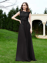 Robe Appliquée de A-ligne en Mousseline et Dentelle Noir