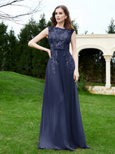 Robe Appliquée de A-ligne en Mousseline et Dentelle Bleu Marine