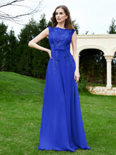 Robe Appliquée de A-ligne en Mousseline et Dentelle Bleu Royale