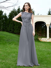Robe Appliquée de A-ligne en Mousseline et Dentelle Gris Acier