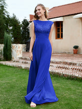 Robe de A-ligne en Mousseline avec Décolleté Illusion Bleu Royale