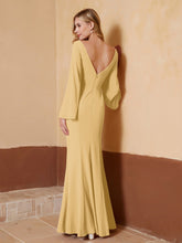 Robe Fourreau à Col en V en Mousseline avec Manches Longues Or