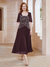 Robe à Encolure Carrée en Mousseline Longueur de Mollet avec Perles Cabernet