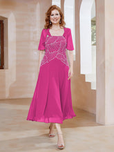 Robe à Encolure Carrée en Mousseline Longueur de Mollet avec Perles Fuchsia
