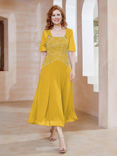 Robe à Encolure Carrée en Mousseline Longueur de Mollet avec Perles Souci