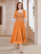 Robe à Encolure Carrée en Mousseline Longueur de Mollet avec Perles Orange