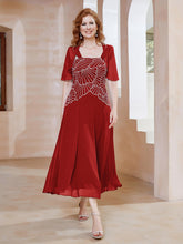 Robe à Encolure Carrée en Mousseline Longueur de Mollet avec Perles Rouge