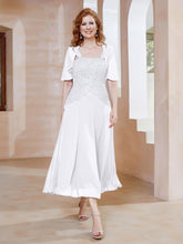 Robe à Encolure Carrée en Mousseline Longueur de Mollet avec Perles Blanc