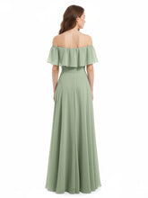 Hors De l'Épaule Mousseline Longueur Complète Robe Sauge Poudrée
