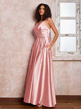 Maxi Robe en Satin à Bretelles Spaghetti avec Poches Rose Poudré