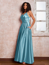 Maxi Robe en Satin à Bretelles Spaghetti avec Poches Piscine