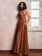 Maxi Robe en Satin à Bretelles Spaghetti avec Poches Terracotta