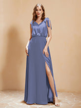 Robe de A-ligne Longueur au Sol à Col en V avec Fente Pervenche
