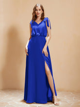 Robe de A-ligne Longueur au Sol à Col en V avec Fente Bleu Royale