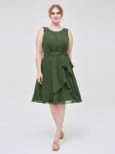 Col En Scoop Mousseline Robe Courte Avec Ceinture Nœud Olive Verte