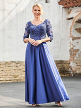 Robe à A-ligne en Satin avec Haut en Dentelle et Col en V Bleu Marine Clair