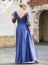 Robe à A-ligne en Satin avec Haut en Dentelle et Col en V Bleu Marine Clair