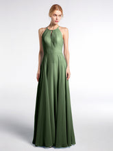 Robe Longue à Décolleté en Trou de Serrure Licou avec Jupe Circulaire Olive Verte