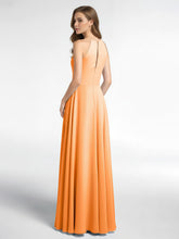 Robe Longue à Décolleté en Trou de Serrure Licou avec Jupe Circulaire Orange