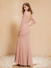 Robe Sirène en Mousseline à Manches Longues avec Fente Rose Poudré