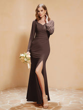 Robe Sirène en Mousseline à Manches Longues avec Fente Chocolat