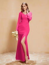 Robe Sirène en Mousseline à Manches Longues avec Fente Fuchsia