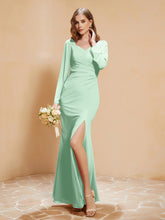 Robe Sirène en Mousseline à Manches Longues avec Fente Vert Menthe